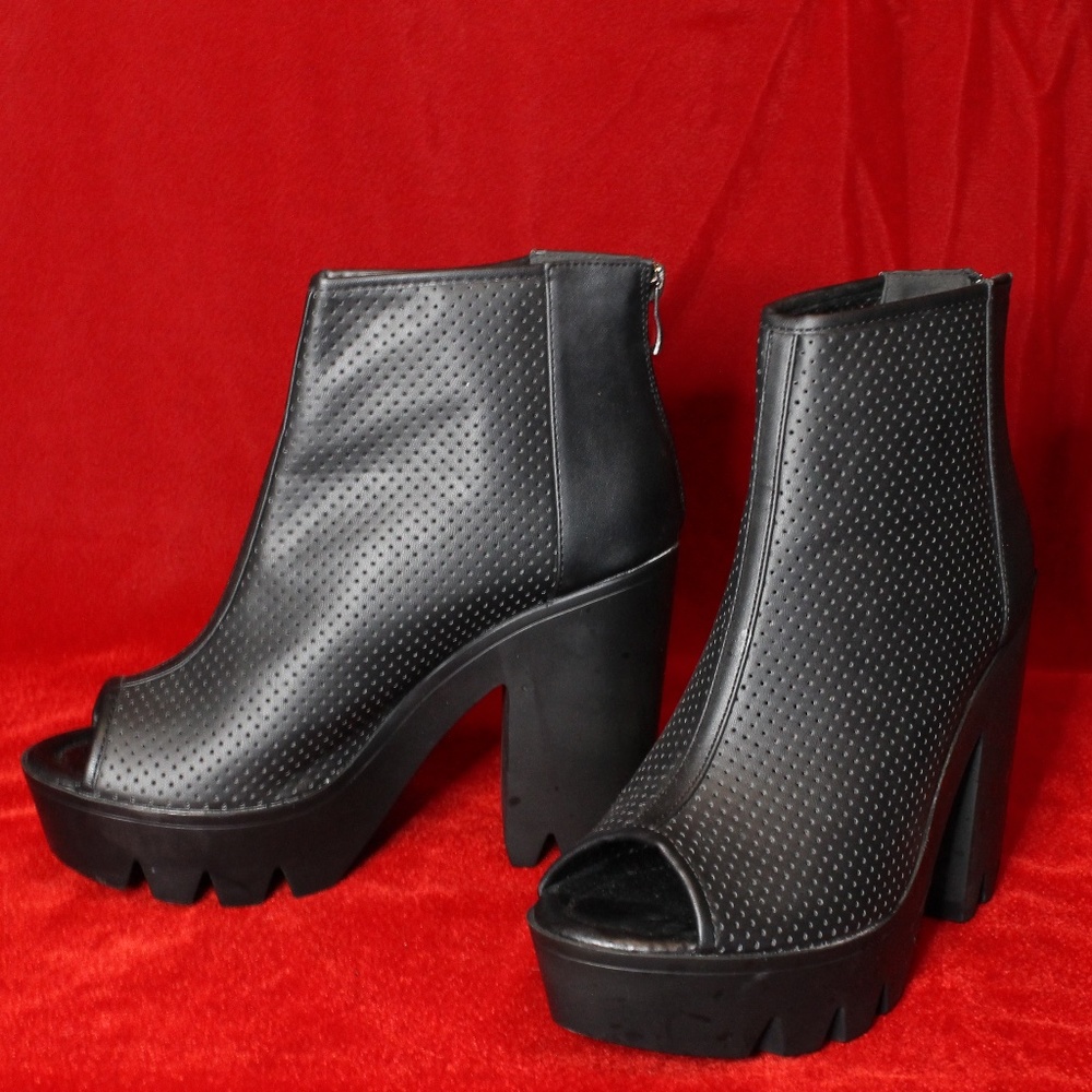 Vegan Leather Peep Toe Heeled Booties
